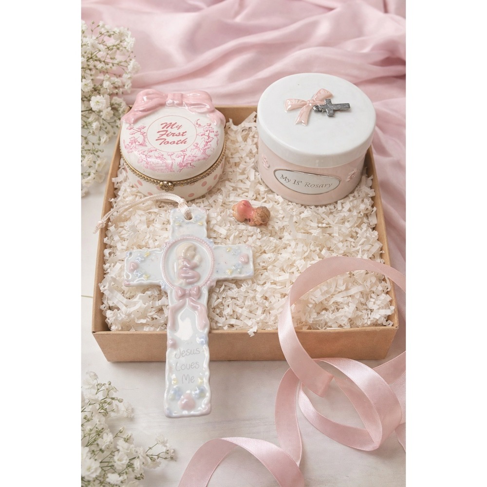 Baby Girl Keepsake Gift Set My First Tooth Box 1st Rosary Box Cross Baptism